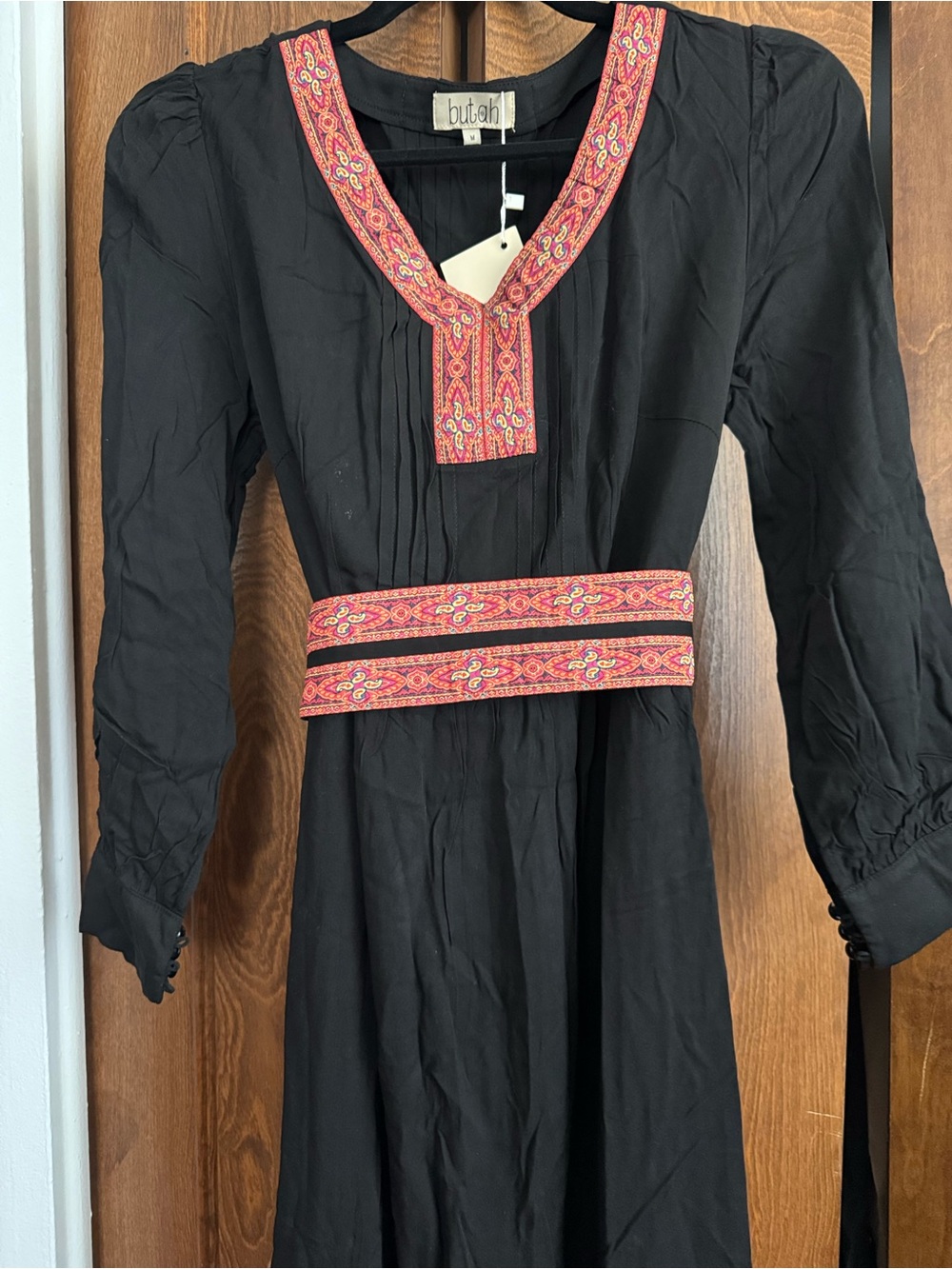 Black Dress with Pink Embroidered Trim
